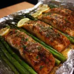 Baked Salmon in Foil with Asparagus and Lemon Garlic Butter Sauce