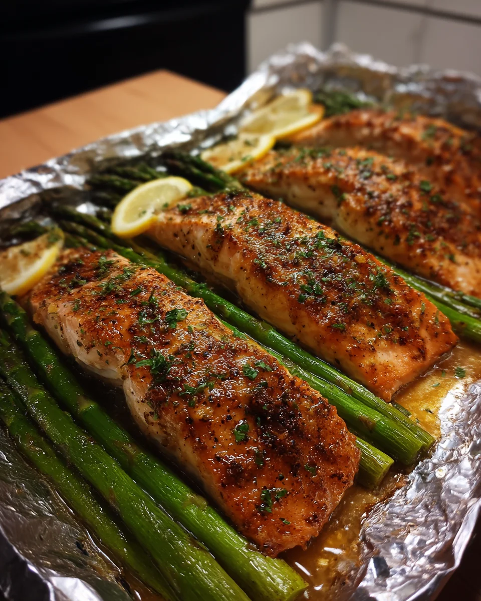Baked Salmon in Foil with Asparagus and Lemon Garlic Butter Sauce