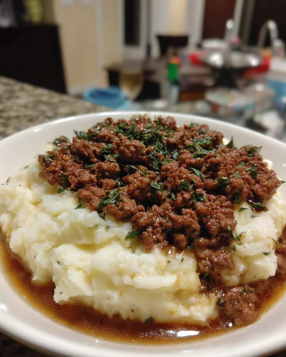Ground Beef and Gravy Over Mashed Potatoes